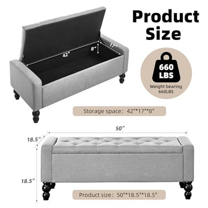 50" W Storage Ottoman Bench with Safety Hinge, Load up to 660 lb Ottoman with Storage, Upholstered Tufted Entryway Bench with Seating for Living Room, Bedroom, Light Gray - color: Light Gray