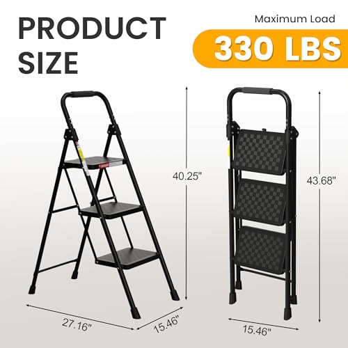 HBTower 3 Step Ladder, Folding Step Stool with Wide Anti-Slip Pedal, Step Stool Foldable with Cushioned Handle for Home and Kitchen, Black