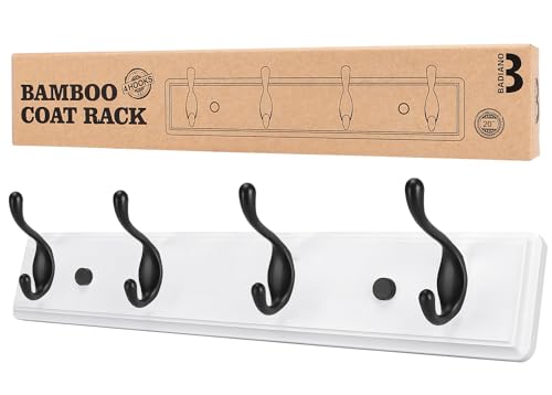 Badiano Wooden Coat Rack, Wall-Mounted Organizer for Closet, Entryway, Hallway, Foyer, Bedroom, Heavy Duty Double Hooks for Hanging Towels, Bags, Hats, Jackets, Key (WhiteBlack, 4 Hooks) - color: WhiteBlack, size: 4 Hooks