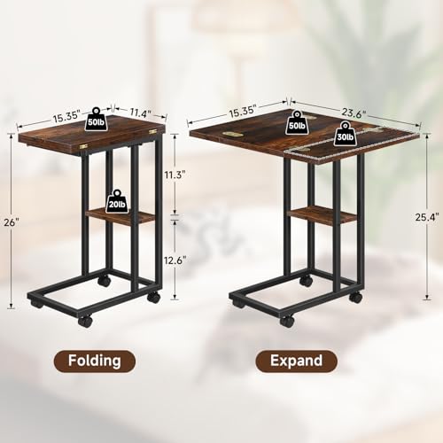 Foldable Small Side Table - C Shaped Couch End Table with Storage Shelf and Wheels, Expandable Wooden Snack Tray Table for Living Room Bedroom Sofa Bedside Chair Small Spaces Rustic Brown