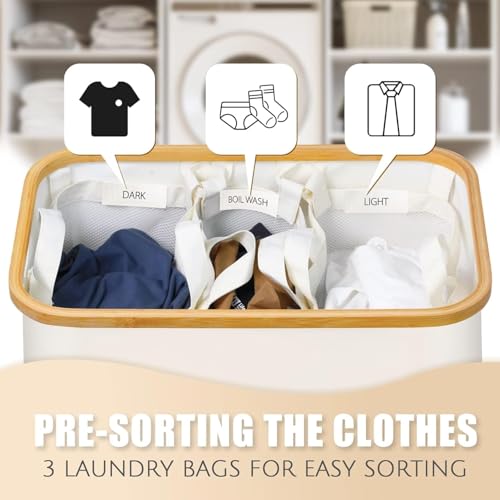 Extra Large 3 Section Dirty Clothes Laundry Basket with Lid, Dirty Clothes Hampers with Removable Bags for bedroom and Laundry Room, Beige - color: Beige, size: 145L