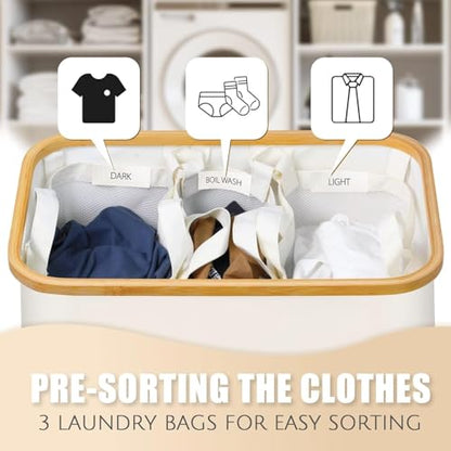 Extra Large 3 Section Dirty Clothes Laundry Basket with Lid, Dirty Clothes Hampers with Removable Bags for bedroom and Laundry Room, Beige - color: Beige, size: 145L