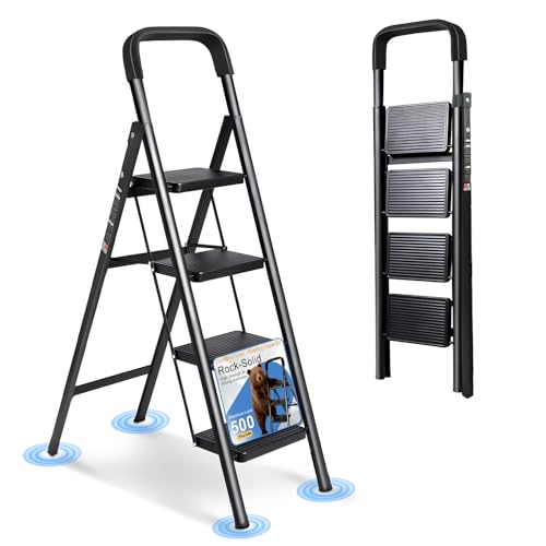 4 Step Ladder Folding Step Stool with Handrail | 500LBS Capacity Sturdy Carbon Steel Frame Anti-Slip Pedal & Feet Portable for Home Kitchen Garage Bathroom (black-4step) - color: Black-handrail, size: 4 step