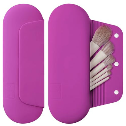 AGIKET Silicone Makeup Brush Holder Travel Cosmetic Bag：Soft Portable Cosmetic Face Brushes Holder with Upgrade Anti-Fall Out Magnetic Closure, Large Travel Makeup Brush Case - Bright Pink - color: Bright Pink, style: Brush Holder