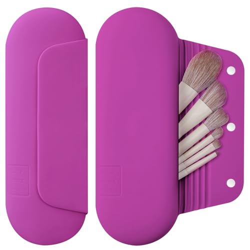 AGIKET Silicone Makeup Brush Holder Travel Cosmetic Bag：Soft Portable Cosmetic Face Brushes Holder with Upgrade Anti-Fall Out Magnetic Closure, Large Travel Makeup Brush Case - Bright Pink - color: Bright Pink, style: Brush Holder