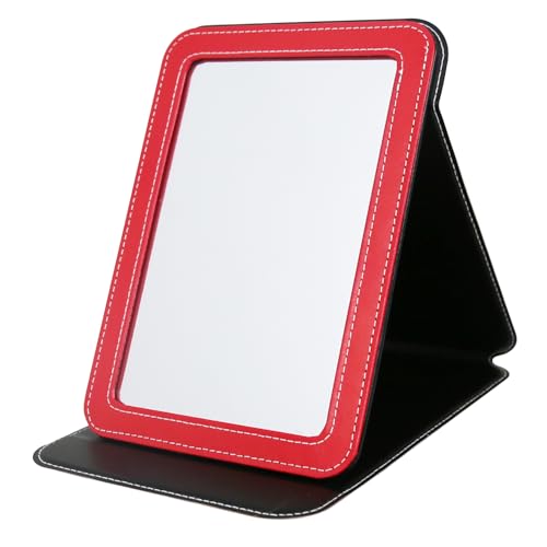 Travel Mirror for Desk, 5.3×6.9” Adjustable Rectangle PU Edge Covering Red Foldable Desk Mirror with Stand for Travel Camping Home (Red) - color: Red, size: 6.9"L x 5.3"W