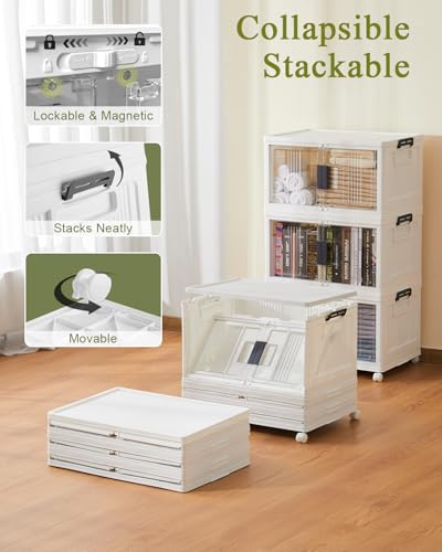 OlarHike 144QT Lockable Storage Bins with Lids - Folding Cabinet with Doors & Wheels, Collapsible Plastic Drawers for Dorm, Closets, Office, Game Day, College, Stackable Organizer, Gifts, 3 Pack - size: 48QT-White, style: 3Pack