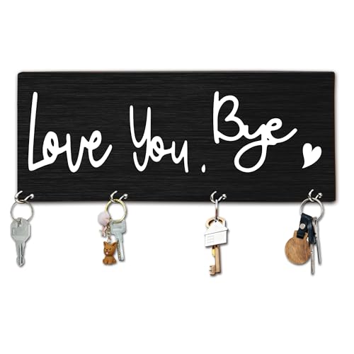4“x 10” Wooden Key Holder with 4 Hooks - Love You Bye Decorative Key Organizer for Wall - Home Office Kitchen Hallway Entryway Wall Decor for Keys, Dog Leash Hanging - A05 - color: Love You Bye