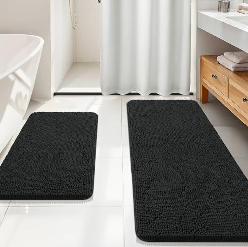 OLANLY Bathroom Rugs Sets 2 Piece, Soft Absorbent Chenille Bath Mats Area Rug Set, Non-Slip, Quick Dry, Machine Washable Bath Mats for Bathroom, Home Decor Accessories (59"x20"+30"x20", Black) - color: Black, size: 59" X 20" + 30" X 20"