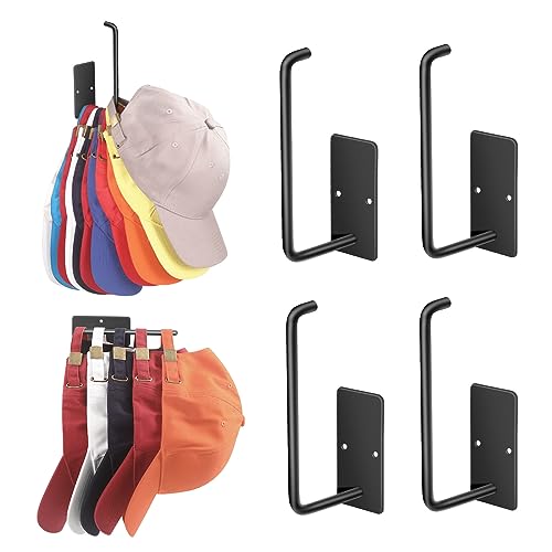 Hat Racks for Baseball Caps 4 Pack, Stainless Steel Adhesive Hat Hanger Hooks Holder for Wall, Multi-Purpose Strong Hook Organizer Can Hold More Than 40 Hats for Door/Closet - color: 4 Pack Black
