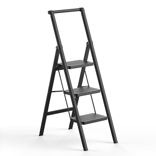 SOLADDER 3 Step Ladder, Slim Folding Steps Stool with Handrail, Iron Foldable Black Ladder with Anti-Slip Wide Pedal, for Home, Kitchen, Office, Garage Use (300 lbs Capacity) - color: Dark Black, size: 3 Step
