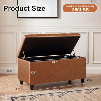 Asense Storage Ottoman Bench,Faux Leather Upholstered Ottoman with Storage,End of Bed Bench with Safety Hinge,for Entryway,Bedroom,Living Room - color: 32" Cognac Brown Faux Leather