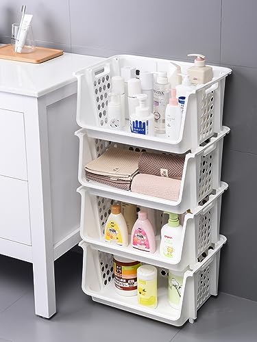 Large Stackable Storage Bins Open Front for Pantry Storage, 4 Pack - White | Sturdy Plastic, Easy Stacking, Open Front Access, Ventilated Sides, Vertical & Space Saving Pantry Organizers and Storage Bin