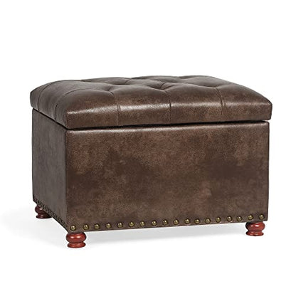 Leather Ottoman with Storage,24’’Foot Rest Ottomans with Hinged Lid Rectangle Upholstered Foot Stools Nailhead Trim for Living Room Bedroom,Brown - color: Brown