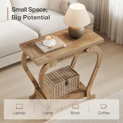 Tribesigns Narrow End Table with Storage, 2-Tier Wooden Side Table for Small Spaces, Slim Nightstand Bedside Table for Living Room & Bedroom, Rustic Brown, 23.6 Inch (1, Brown) - color: Brown