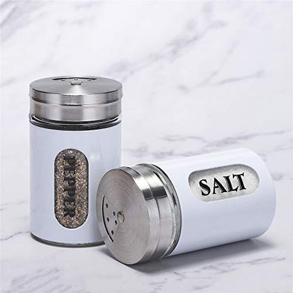 Salt and Pepper Shakers Stainless Steel and Glass Set with Adjustable Pour Holes - color: Stainless Steel,White