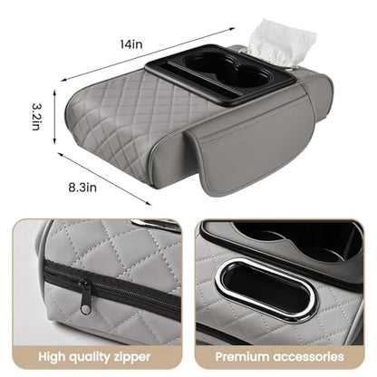 LEIWOOR 5 in 1 Car Center Console Cover, Armrest Pad with 2 Storage Pockets, Cup Holder, Tissue Slot, Phone Holder, Wear Resistant Premium Nappa Leather Memory Foam Car Accessories for SUV Sedan Truck
