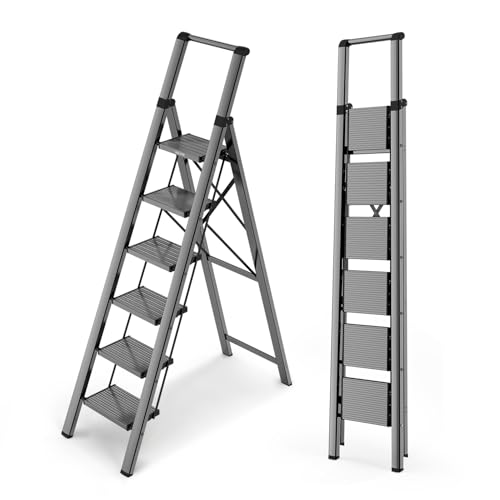 WOA WOA 6 Step Ladder for 12 Feet High Ceiling, Lightweight Foldable Ladder with Non-Slip Wide Pedals, Stepladder with Safe Handrail, Space Saving for Home, Kitchen, Indoor & Outdoor 300lbs - Black - color: Black, size: 6 step