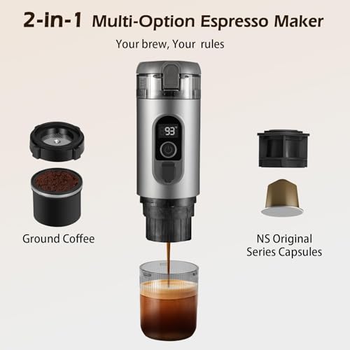 Portable Electric Espresso Machine, 20 Bar Self Heating Small Travel Car Coffee Maker Compatible with Ground Coffee & NS Capsule for Camping RV Hiking Office(Grey)