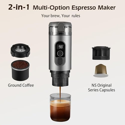Portable Electric Espresso Machine, 20 Bar Self Heating Small Travel Car Coffee Maker Compatible with Ground Coffee & NS Capsule for Camping RV Hiking Office(Grey)