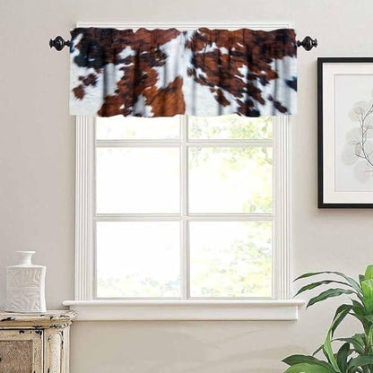 Farmhouse Cowhide Valance, Abstract Brown White Cow Fur Western Animal Skin Print Blackout Short Window Curtain for Kitchen Bedroom Living Room, 54x18inch - color: Cowhide-8
