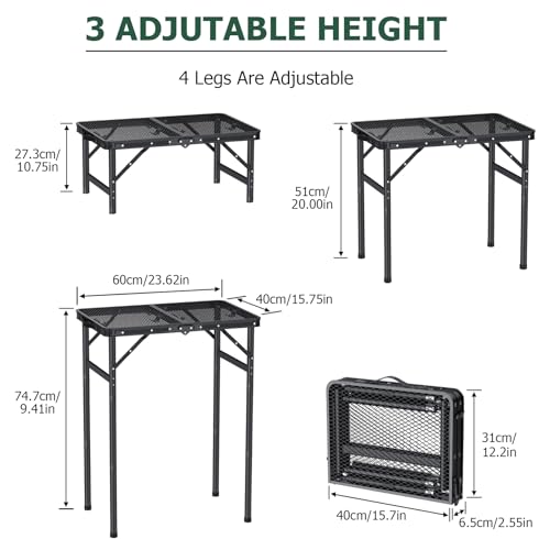 JiGiU Folding Camping Table Portable Pinic Table 3 Level Height Adjustable Aluminum Frame Small Foldable Camp Table Light Weight with Carry Handle for Outdoor Indoor Hiking Camp BBQ Beach