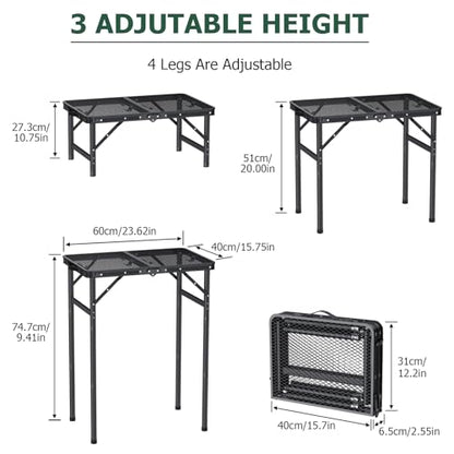 JiGiU Folding Camping Table Portable Pinic Table 3 Level Height Adjustable Aluminum Frame Small Foldable Camp Table Light Weight with Carry Handle for Outdoor Indoor Hiking Camp BBQ Beach