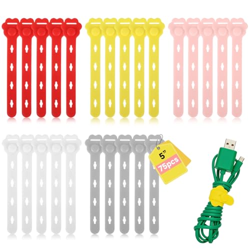 75Pcs Colorful Silicone Cable Ties,2026 New Data Cable Organizer,Reusable Cable Straps,Cable Management Cord Organizer for Fastening Phone Charger Home Office Desk Kitchen Appliances Cable CordsWires - color: 5 Colors