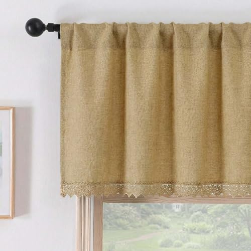 Chyhomenyc Lace Valances for Windows - Light Filtering Faux Linen Small Cafe Kitchen Valance Curtains, Boho Vintage Rod Pocket Farmhouse Valance for Living Room, 52Wx14L, 1 Piece, Gold - color: Gold, size: 52"W x 14"L (Pack of 1)