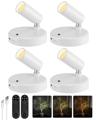 EZVALO Spot Lights Indoor, 5500mAh Rechargeable Plant Spotlights with Remote, Wireless Mini Art Accent Light with Timer & Dimmable, 3-CCT, Uplights Indoor for Plants, Display, Artwork (4-Pack-White) - color: White