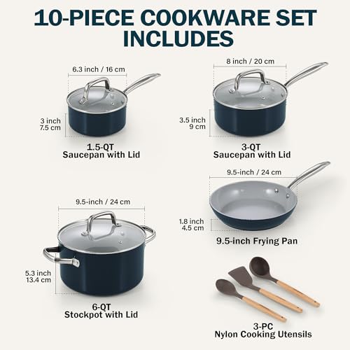 Cook N Home Classic Nonstick Cookware Set, Pots and Pans Cookware Set with Glass Lids and Comfortable Handles, Induction Compatible, 10-Piece, Blue - color: Blue