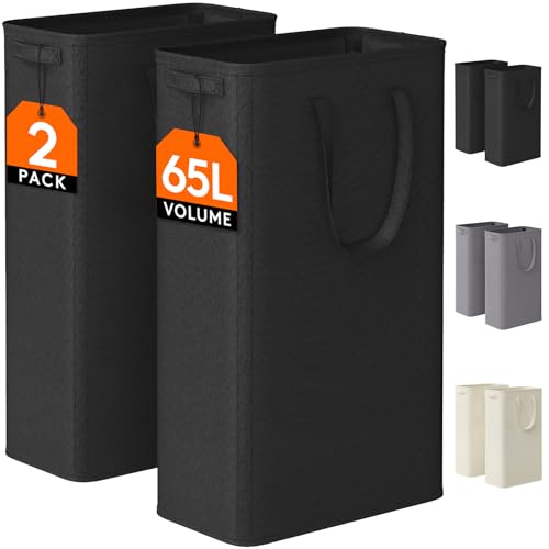 Lifewit 2 Pack Slim Laundry Hamper, Collapsible Narrow Laundry Basket, Small Tall Dirty Clothes Hampers with Handles for Bathroom Bedroom College Dorm, Black, 65L - color: Black, size: 65L