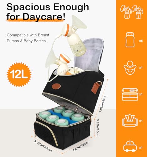 PIIOSER Breastmilk Cooler Bag with Ice Pack, Double Deck Insulated Baby Bottle Travel Bags with Shoulder Strap, Wearable Breast Pump Carry Bag for Nursing Moms Daycare, Work, Picnic(Black) - color: Black-2