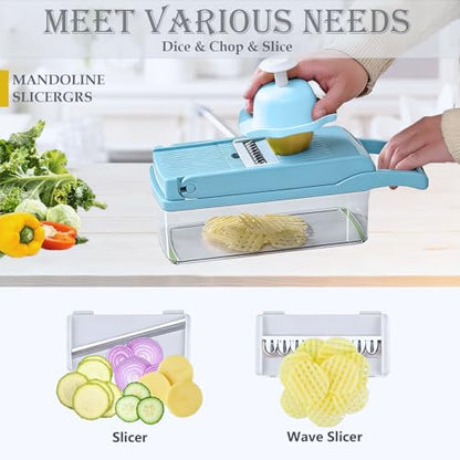 Pro-Series 20-in-1 Vegetable Chopper w/Container, Cheese Grater Hand Crank, Box Mandoline Slicer Food Cutter Shredder Mandolin for Veggie Onion Salad Fruit Potato (Kitchen Gadget & Essential) - color: Blue, size: 10 Blades
