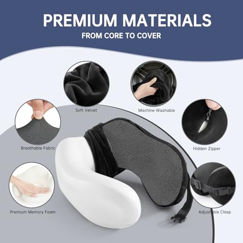Neck Pillow Travel Pillow - 100% Pure Memory Foam Airplane Pillow with Adjustable Clasp & Removable Cover, Portable Travel Essentials for Long Flights, Car & Office (Black) - color: Black