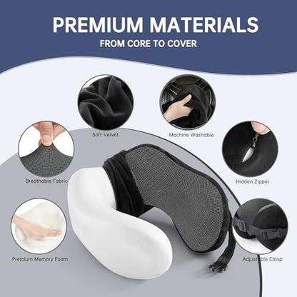 Neck Pillow Travel Pillow - 100% Pure Memory Foam Airplane Pillow with Adjustable Clasp & Removable Cover, Portable Travel Essentials for Long Flights, Car & Office (Black) - color: Black