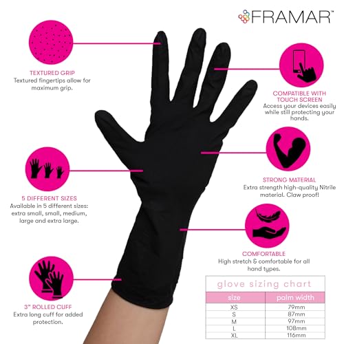 FRAMAR Black Gloves Disposable Latex Free – Extra Small Nitrile Gloves Black, For Hair Dye, Tattoo Supplies, Cleaning, Mechanic – Extra Durable & Resistant – 12 Inches Long – 100 Pack - size: X-Small