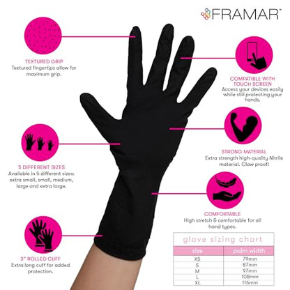 FRAMAR Black Gloves Disposable Latex Free – Extra Small Nitrile Gloves Black, For Hair Dye, Tattoo Supplies, Cleaning, Mechanic – Extra Durable & Resistant – 12 Inches Long – 100 Pack - size: X-Small