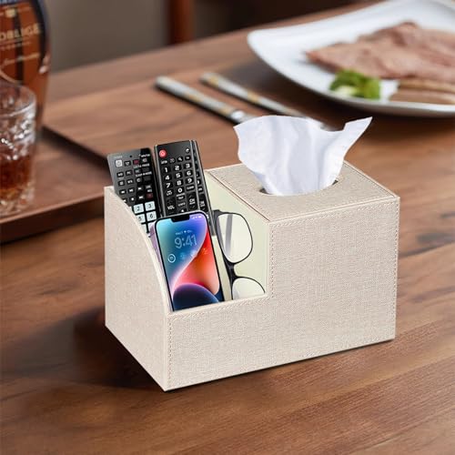 PU Leather Square Tissue Box Cover - Multi-Functional Tissue Box Holder, Tissue Box Cover with Storage,Tissue and Remote Control Holder, Cube Tissue Box Organizer Bedroom Nightstand End Table - color: Beige