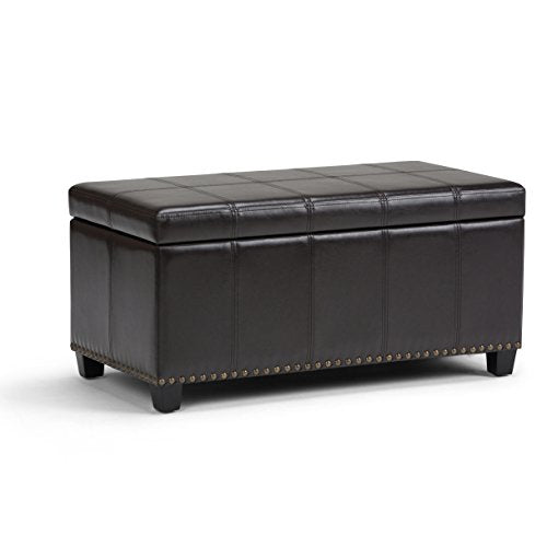 SIMPLIHOME Amelia Storage Ottoman - 33 inch Wide Vegan Leather Rectangle Storage Ottoman Bench in Tanners Brown, Transitional Ottoman for Living Room with Nailhead Trim and Lift-Up Lid - color: Tanners Brown