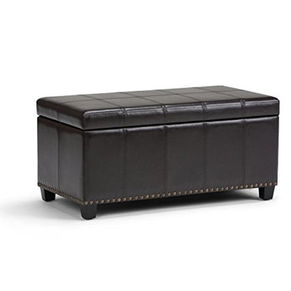 SIMPLIHOME Amelia Storage Ottoman - 33 inch Wide Vegan Leather Rectangle Storage Ottoman Bench in Tanners Brown, Transitional Ottoman for Living Room with Nailhead Trim and Lift-Up Lid - color: Tanners Brown