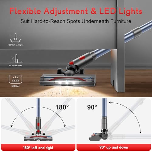 BSNAW Cordless Stick Vacuum Cleaner - Rechargeable, 35Kpa Powerful Vacuums with Detachable Battery, LED Display, 45Mins Runtime, 8 in 1 Handheld Vacuum for Hardfloor & Carpets Pet Hair, Red