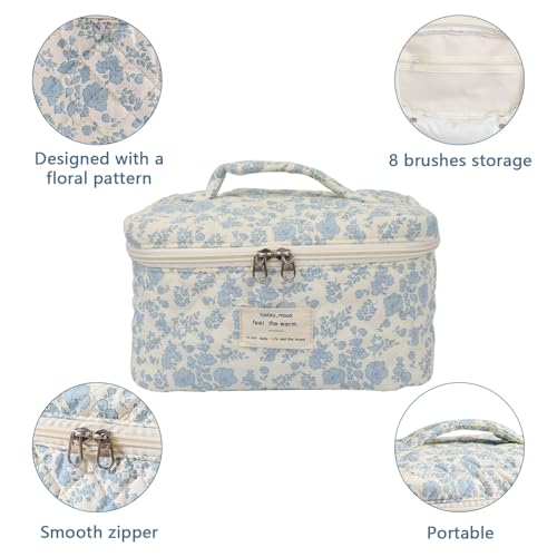 Gosect Large Makeup Bag, Cute Cosmetic Bag for Women Girls, Floral Coquette Aesthetic Toiletry Bag, Travel Make Up Organizer Bag (White Blue Butterfly Flower) - color: 080White Blue Butterfly Flower