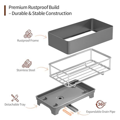 MOUKABAL Sponge Holder for Kitchen Sink – Rustproof Stainless Steel, 360° Rotating Drain Pipe, Large Counter Organizer with Drip Tray for Sponges, Brushes & Dish Cloths Grey - color: Grey 1
