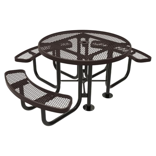 COATEDOUTDOORFURNITURE Heavy-Duty Portable Outdoor Picnic Table with Umbrella Hole, Expanded Metal Patio Dining Furniture Made in America (46" Round Top, Brown) - color: Brown, size: 46 In, Round 3-Seat, Expanded Steel