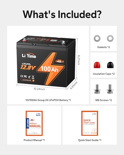 LiTime 12V 100Ah RV Lithium Battery,Group 24 Rechargeable LiFePO4 Battery with Up to 15000 Cycles, 1.28kWh and Higher Energy Density, Perfect for Trolling Motors, Boat, Marine, Solar etc. - size: 100Ah (Group 24)