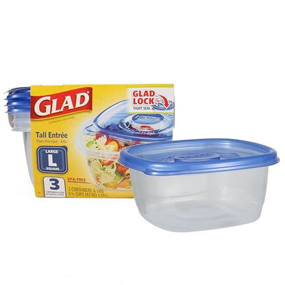 Glad GladWare Tall Entree Food Storage Containers with Lids, Large Square BPA Free Plastic, Meal Prep Lunches, Lock Tight Seal, Microwave Dishwasher Safe, 42 Oz, 3 Count - size: 3 Count (Pack of 1), style: Square