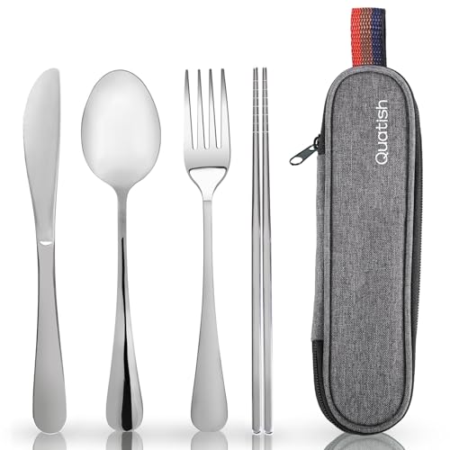 Travel Utensils with Case, Quatish Portable Silverware Set for Work, Stainless Steel Reusable Travel Cutlery, Fork and Spoon Set for Camping, Picnic, Gadgets, Lunch Box for Men, Christmas Gift, Silver - color: Silver