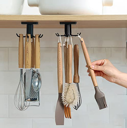 2pcs Under Cabinet Kitchen Utensil Hooks,360° Rotating Drilling Free Adhesive Utensils Hanging Rack for Tools/Towel/Knife (Black) - color: Black