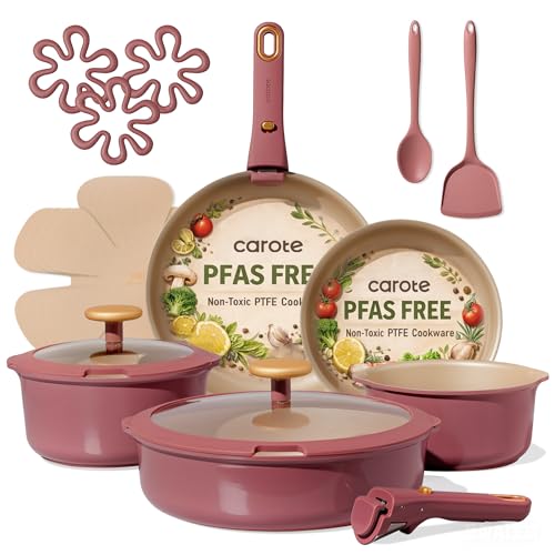 CAROTE 18Pcs Pots and Pans Set, Nonstick Cookware Set Detachable Handle, kitchen Pan Set, Induction kitchen cookware Non Stick, RV Cookware Set, Oven Safe, Red - color: Red